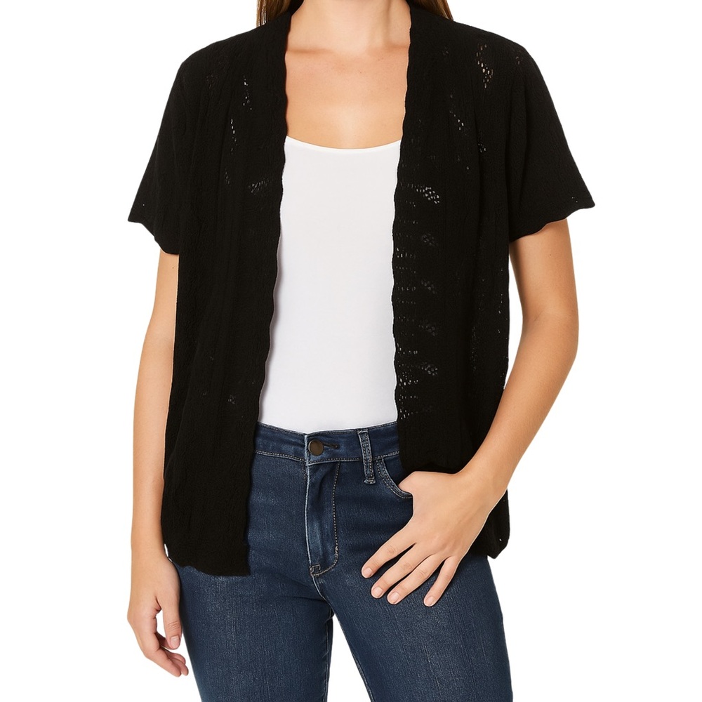 Black Crochet Short Sleeve Cardigan Fall Boho Whimsigoth Y2K Sweater Medium